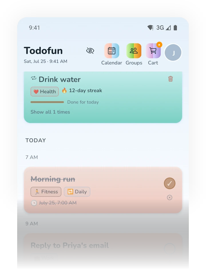 Todofun today view with tasks, habits and streaks