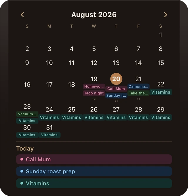 The same Todofun calendar widget in dark appearance: the same August grid and Today list on a warm near-black card