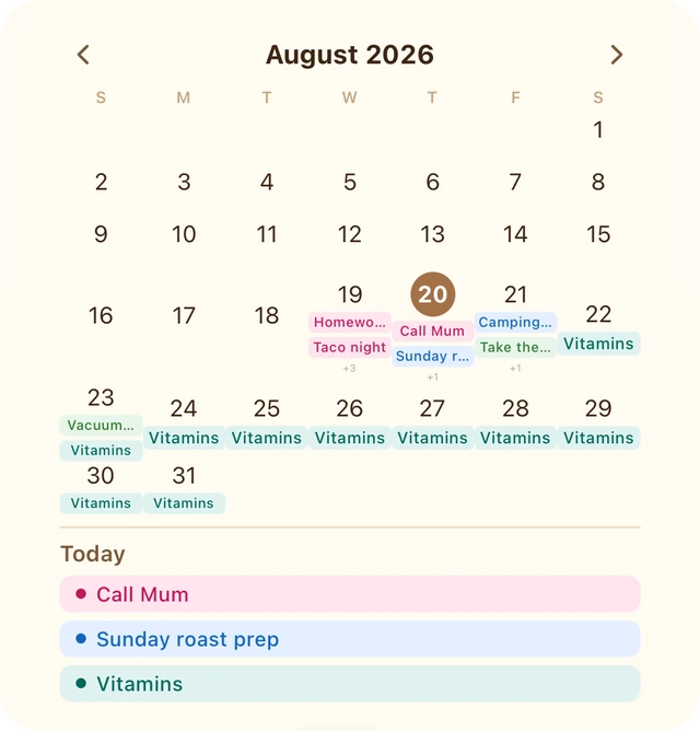 The Todofun calendar widget in light appearance: a cream August grid with colour-coded task chips, today's date circled, and a Today list of Call Mum, Sunday roast prep and Vitamins